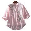 Blusas femininas com decote em v, camisas florais bordadas de inspiração vintage para mulheres, gola em v, ajuste solto, manga 3/4