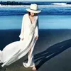 Women's Swimwear Fashion Summer Solid Color Chiffon V-neck Drawstring Bubble Beach Coats Sunscreen Long Dresses Bikini Cover Up