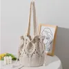Полая одноплечная тканая сумка из хлопчатобумажной нити, новая портативная сумка с цветком, травой, туризмом, отдыхом, пляжем 240312