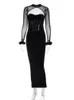 Dulzura Feder Patchwork Langarm Aushöhlen Samt Korsett Dres Bodycon Sexy Elegante Midi Kleid Party Geburtstag 240306