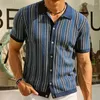 Camisas casuais masculinas verão listra de luxo impresso malha pola pescoço manga curta botão para baixo t-shirts para homens vintage negócios malhas 36gz