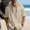 Camisa de lino para hombre de verano Ropa de calle sólida Sudadera con capucha de manga larga Ropa para hombre Tops Casual Botón suelto Camisas para hombre 240312