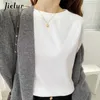 T-shirt das mulheres Jielur solto longo-trenó branco camisetas mulheres inverno cor sólida tops fe casual quente bottoming básico o-pescoço t-shirt s-l l24312