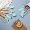 Reusable Adaptive Cooking Skimmer Wooden Tools Soft Non-stick Accessories 12 Pcs Silicone Kitchen Utensil Set for Baking Camping