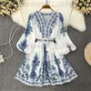 Casual Jurken Vrouwen Bohemian Jurk 2024 Lente Zomer Print Lange Lantaarn Mouw V-hals Corset Slanke Knop Geplooide Vakantie 374