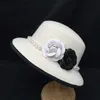 Wide Brim Hats Bucket Hats High quality white camellia fedora Pearl Band % wool felt hat Floppy Ladies Wedding Church Hat Pork Pie Trilby hat Q240312