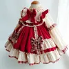 Flickklänningar 2-14 år baby lolita Autumn Winter Party Dress Red Patchwork Europe Vintage Spanish Princess Ball klänning till jul Eid