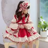 Flickklänningar 2-14 år baby lolita Autumn Winter Party Dress Red Patchwork Europe Vintage Spanish Princess Ball klänning till jul Eid