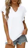Women's T-skjortor Solid V-ringning Sexig kortärmad t-shirt 2024 Vår/sommar Färska söta söta ruffle kant tees kvinnor toppar s-xxl