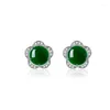 Stud Earrings Natural Green Jade Flower 925 Silver Agate Chinese Hand-Carved Fashion Charm Jewelry Accessories Amulet Gifts For Women