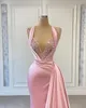 Glamoureuze Zeemeermin Avondjurken Halter Lovertjes Applique Kralen Galajurken Roze Satijn Asymmetrische Vestidos De Noche Sweep Trein