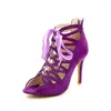 Sandálias PXELENA Strappy Stiletto Salto Alto Gladiador Mulheres Sapatos Faux Suede Roma Peep Toe Hollow Out Roxo Tamanho Grande