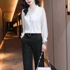 Kvinnors blusar Skjortor Lucyr Black White Lace Ruffles Chiffon Shirts Women 2022 Spring Summer Office Long Sle Blay Elegant V-Neck Bluses S-4XLL24312