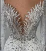 Luxuriöse sexy Meerjungfrau-Abendkleider, abnehmbarer V-Ausschnitt, Perlenapplikation, Kristall-Tüll, formelle Kleider, arabische Vestidos De Noche, Sweep-Zug