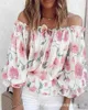 Damesblouses Shirts Off-shoulder Bloemenprint Lantaarn Sle Top Dames Lente Zomer Nieuwe Sexy Losse Strapless Bloemblouse TopsL24312