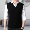 Sleeveless Sweater Vest Versatile Midaged Mens Vneck Knitted Slim Fit Pullover with Ribbed Cuffs 240312