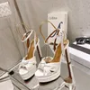 Luxo atado cetim plataforma sandálias tornozelo cinta bloco salto feminino designer de luxo bombas de salto alto couro festa à noite sapatos de casamento vestido sapatos