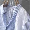 Blusas de mujer Color Patchwork Raya vertical Algodón Cuello en V Manga de siete puntos Diseño Camisa Mujer Suelta Delgada