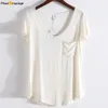 Camiseta de mujer HanOrange Modal bolsillo verano corto Sle suelta mujer cuello pico Color puro suave camiseta negro/gris/blanco/Beige L24312