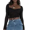 Pulls pour femmes Femmes Crop Tops Mode Manches longues Tie-Up Avant Couleur Solide T-shirts Crochet