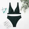 Swim wear 2024 New Sexy V-Neck Ribbed Bikini High Waist Swimwear Women Solid Push Up Swimwear Women Swimwear Bikini Set Swimwear aquatic sports 240311