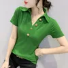 Dames T-shirts 2024 Zomer Europese Kleding Katoenen T-shirt Chic Sexy V-hals Knop Patchwork Streep Vrouwen Tops Korte Mouw Slanke Tees