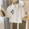 Women's Blouses Blue Flower Decoration Polo Collar Blouse Women Short Sleeve Summer Shirts Loose Tops Vintage Boho White Beach Beautiful