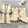 Kvinnors sömnkläder Kvinnor Silk Women Nightdress Lace Dress Robe Pyjamas Set Satin Underwear For Fl erage Summigee Lingerie Sexy Drop Dhshz