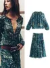 TRAF 2024 Women Long Skirt Set Disual Sleeve Print Terts High Weist Slim Anklelength Chairts 240309