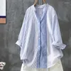 Blusas de mujer Color Patchwork Raya vertical Algodón Cuello en V Manga de siete puntos Diseño Camisa Mujer Suelta Delgada