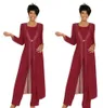 Three Piece Crimson Mother Of The Bride Pant Suits With Jacket Chiffon Custom Made Long Sleeve Wedding Guest Dress Custom Made4486704