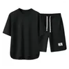 Herren-Trainingsanzüge, 2-teiliges Sportbekleidungsset, Sommer-Freizeitoutfit, O-Ausschnitt, Kurzarm-T-Shirt, Kordelzug, Taille, weites Bein, Shorts, Activewear