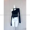 Women's T Shirts Pure Desire Spice Girl Style Tie Hanging Neck Slant Shoulder Asymmetric Long Sleeve Knit Top Women