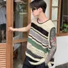 Sweater Vest Men Harajuku Fashion Simple Summer Hollow Out Allmatch Streetwear Japanese Style Striped Knitwear Hip Hop 240312