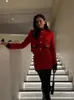 Red Fashion Tweed Wool Blends Jacket Dress Suites For Women Single Breasted Coat Slim Skirts 2 Piece Sets Elegant Female Outfits 240305