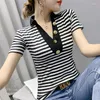 Women's T Shirts 2024 Summer European Clothes Cotton T-shirt Chic Sexig V-ringning Knapp Patchwork Stripe Women Topps Kort ärm Slim Tees