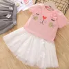 Summer Girls Clothing Set Lace Hollow Topsfloral Short Kjol 2st Suit Princess Toddler Baby Barn Barnkläder 240226