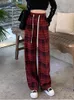 Women's Pants Women Vintage Contrasting Red Plaid With High Waisted Slimming Mop Loose Casual Wide Leg Female Trousers