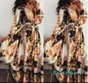 Frauen Boho Wrap Sommer Lond Kleid Urlaub Lose Print V-ausschnitt Langarm Elegante Kleider Cocktail Party