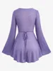 Kvinnors T-skjortor Rosegal Plus Size Buckle Ruched bundet spets trim Ribbed T-shirt Sweetheart Neck Flare ärmar toppar Light Purple Women Tees