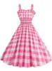 Vestidos casuais espaguete cinta rosa xadrez vestido mulheres verão elegante vintage 50s rockabilly swing festa 2024