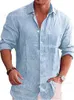 Blusa masculina casual verão primavera turn down colarinho longo lanterna manga botão escritório negócios camisa de linho topos oversized S-5XL 240301