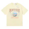 Marca de moda americana high street americano rhude pôr do sol praia impressão em torno do pescoço manga curta masculino e feminino casual algodão camiseta