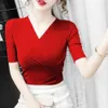 Women's T-Shirt New Fashion Slim Stretch V-Neck Tops Women Sexy Elastic Tees S-4XL Basic Short Sle T-shirt Ladies Red Purple White Shirt L24312