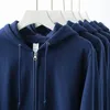Hoodies femininos azul 460g algodão puro com zíper jaqueta tecido cor sólida com capuz para homens e camisas primavera outono