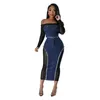 Work Dresses Fashionable Mesh Denim Splicing See-through Top Two-piece Skirt Set 2024 Slash Neck Long Sleeves T Shirt Casual Sexy