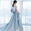 Robes de soirée bleu ciel clair robes de bal élégantes en Satin sans bretelles à lacets dos balayage Train robes de soirée de bal
