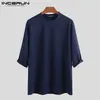 Incerun mode män casual t shirt vanlig bomull 3/4 hylsa besättning nacke baggy t-shirts streetwear camiseta masculina plus storlek 240320