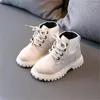 Boots Autumn Winter Children's Solid Color Lace Up Front Leathe Warm Leather Girls' Fashion Soft Sole Low Barrel Cotton