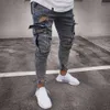 Jeans Multi Pocket Hombres Ripped Flaco Destruido Deshilachado Slim Fit Denim Pantalón Casual Agujero Cremallera Nostálgico Pantalones Azules 596